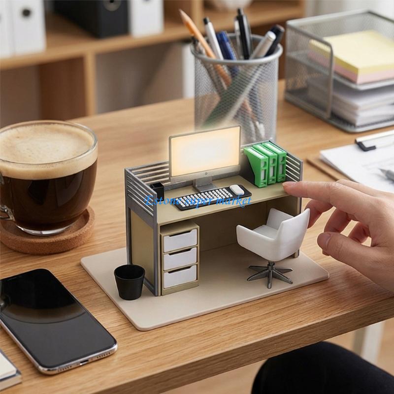 Home Office Architecture - 090B ミニチュアコンピュータデスクモデル椅子とアクセサリードールハウス装飾付き