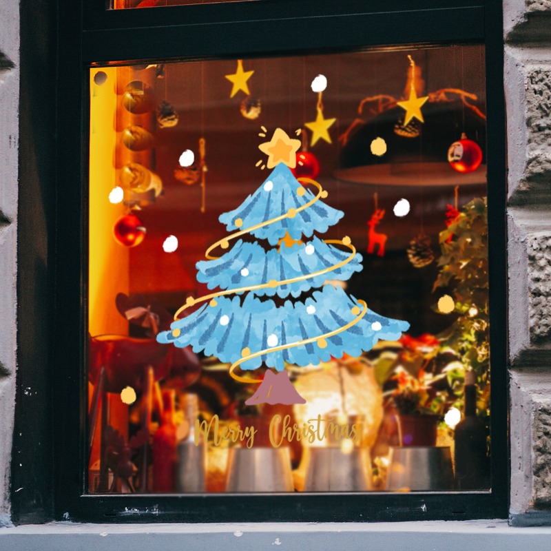 Home Office Holidays 2026 - 2026年ブルーカラーグリッタークリスマスツリーウィンドウクリング静電気式ウィンドウステッカー、ガラス用ホリデーウィンドウステッカー、ホームオフィスデコレーション用