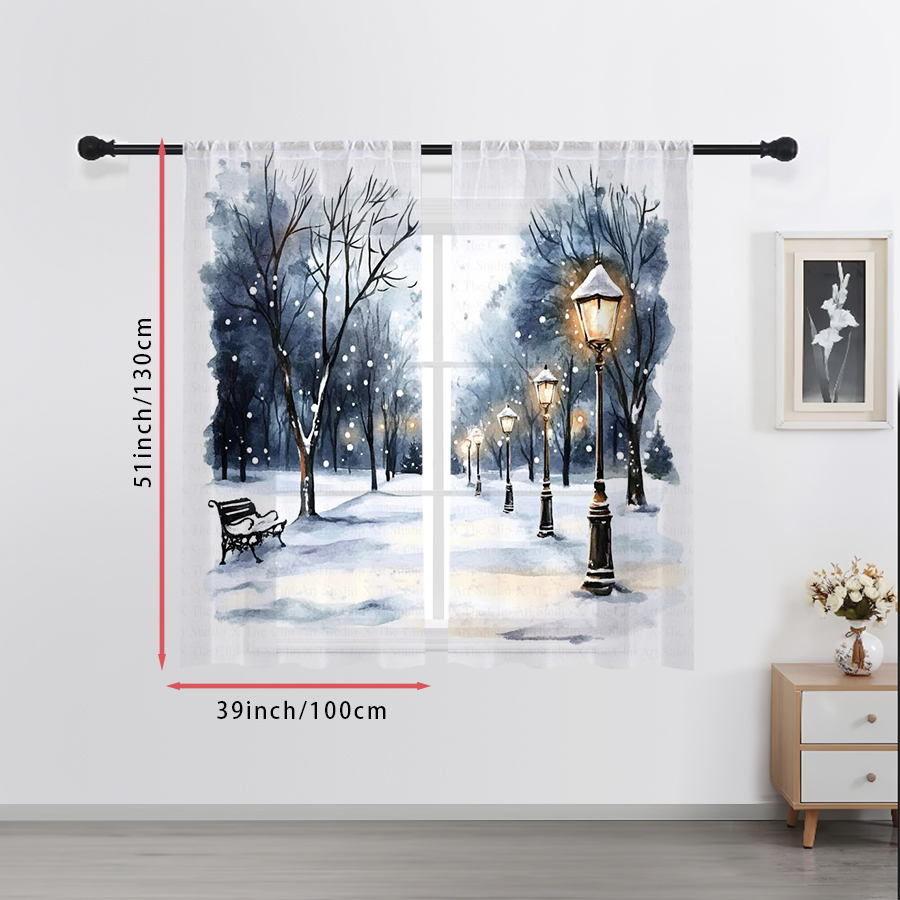 Home Office Lamp - 2枚組シアーカーテン 冬の雪景色 街灯 ベンチ 水彩プリント、寝室 リビングルーム
