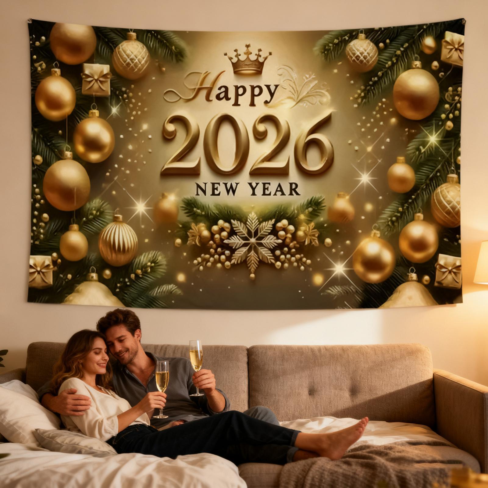 Home Office Backdrop - 新年おめでとうバナー 7x5フィート ゴールド 2026 背景幕 ウォールサイン
