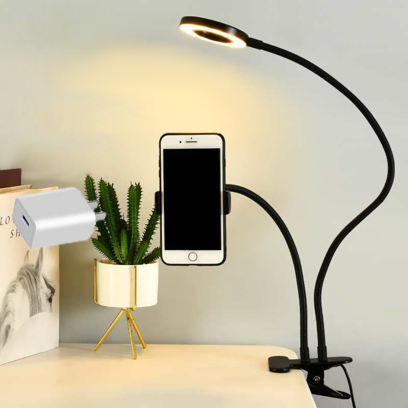 Home Office Lamp - 自撮りリングライト付きユニバーサルフレキシブル携帯電話ホルダー、オフィス怠惰なブラケットデスクランプLEDライト、ライブストリームフィルライト用