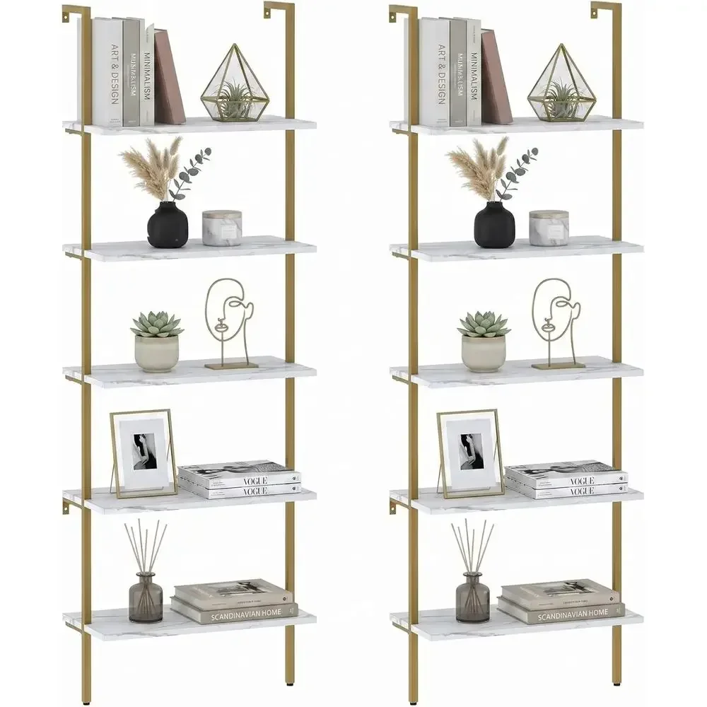 Home Office Bookshelves - 5段式白大理石壁掛け木製ラック - 工業スタイルの本棚（家庭、オフィス、キッチンの整理整頓用）