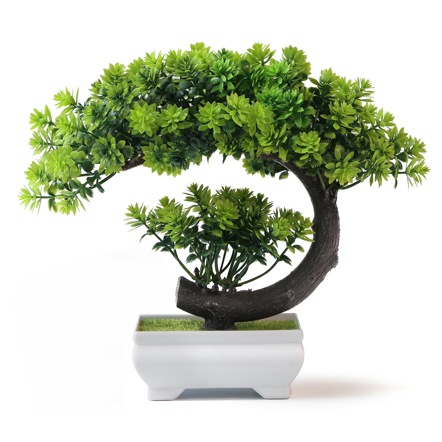 Home Office Bookshelves - Uflower 小さな人工植物 緑の葉 プラスチック鉢植え盆栽 ホームデコレーション 室内