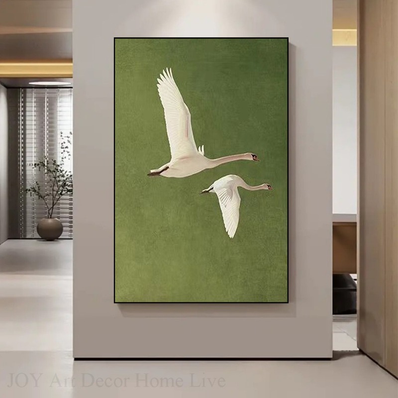 Home Office Backdrop - 2羽の飛んでいる白鳥のリアルな羽のテクスチャ、緑の背景のモダンな壁の装飾、リビングルーム、オフィス、ダイニングエリア用 | フレームレス