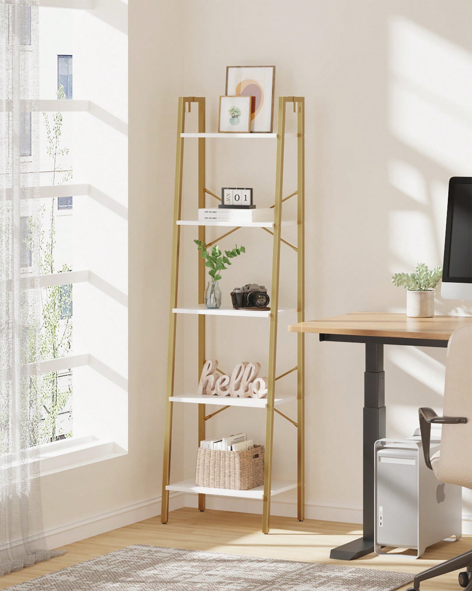 Home Office Bookshelves - 5段ラダーシェルフ モダン グラム ホワイトゴールド ブックシェルフ 本棚