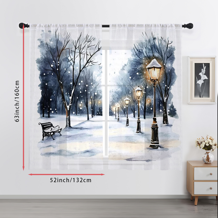 2枚組シアーカーテン 冬の雪景色 街灯 ベンチ 水彩プリント - Home Office Lamp のレビューと価格