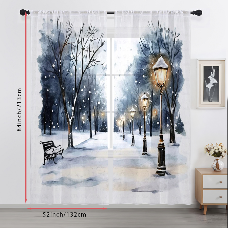 2枚組シアーカーテン 冬の雪景色 街灯 ベンチ 水彩プリント - Home Office Lamp のレビューと価格