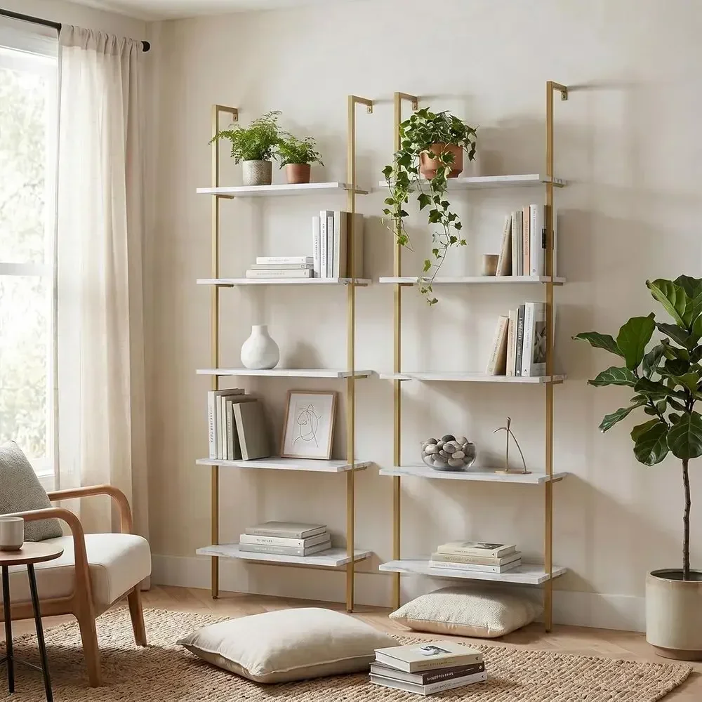 5段式白大理石壁掛け木製ラック - 工業スタイルの本棚（家庭 - Home Office Bookshelves のレビューと価格