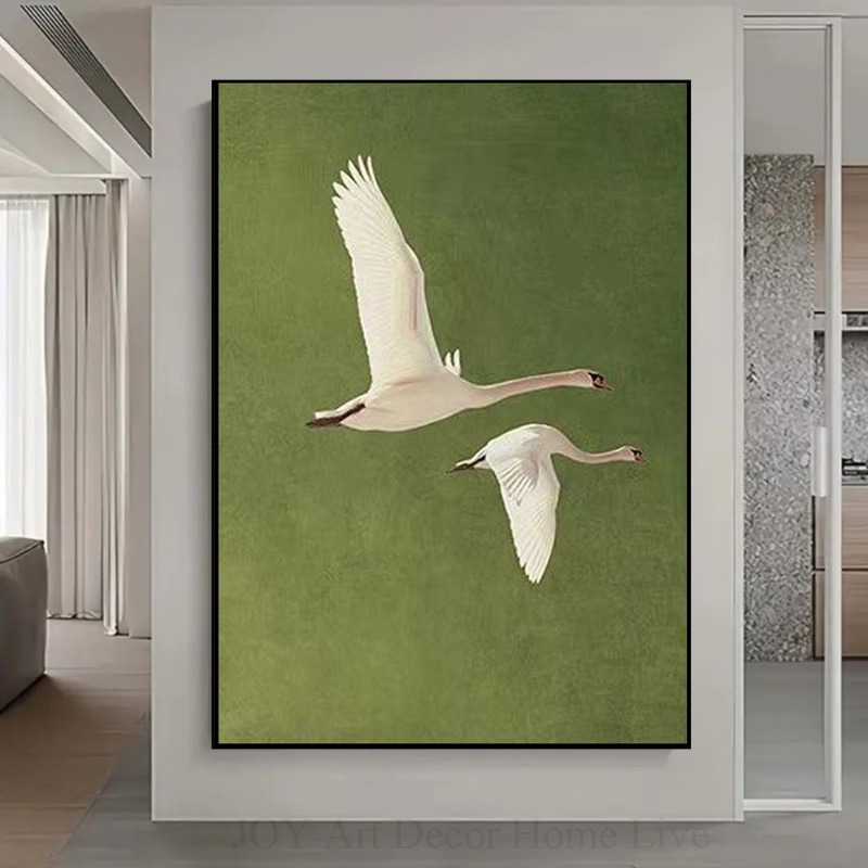 2羽の飛んでいる白鳥のリアルな羽のテクスチャ、緑の背景のモダ - Home Office Backdrop のレビューと価格