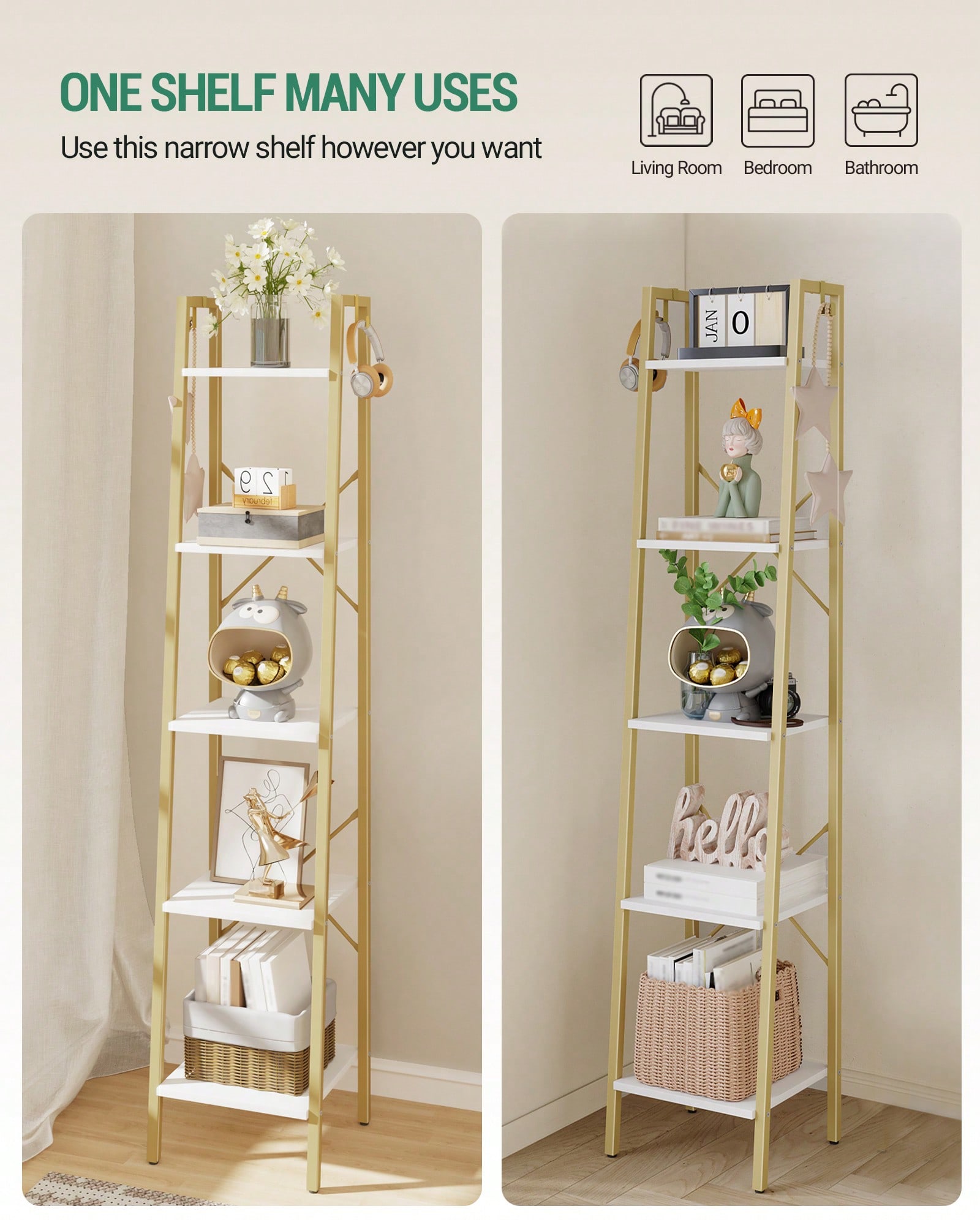 5段ラダーシェルフ モダン グラム ホワイトゴールド ブック - Home Office Bookshelves のレビューと価格